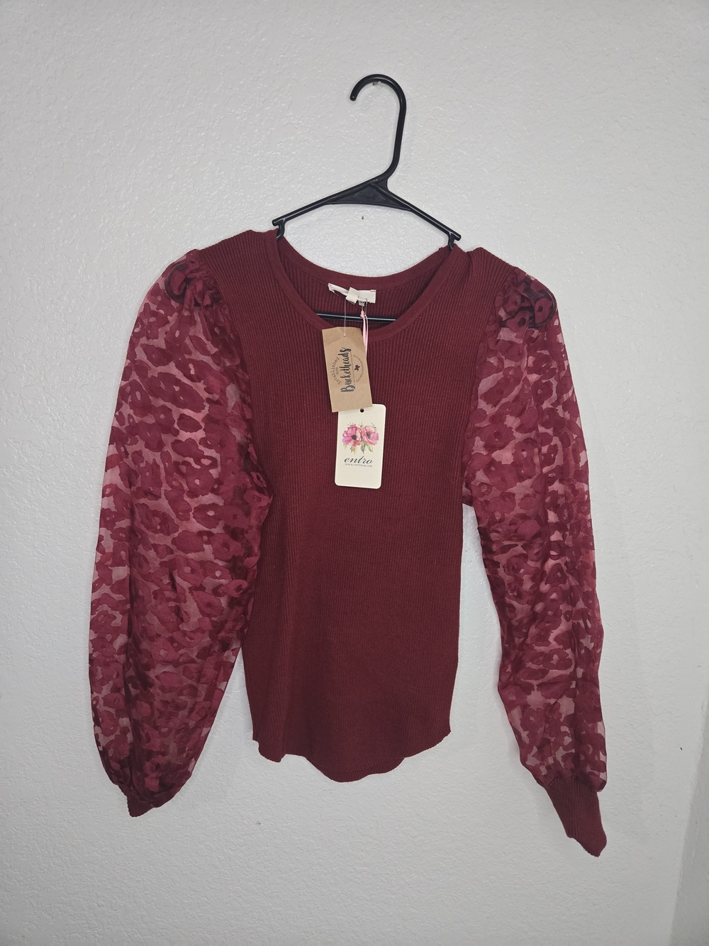 Entro Burgundy Balloon Sleeve Ribbed Knit Top